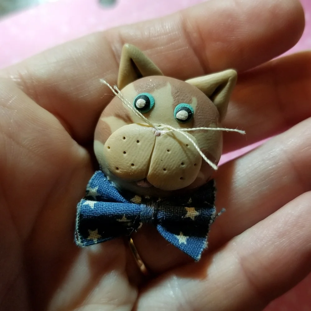 Cat brooch handmade kitty pin tan blue